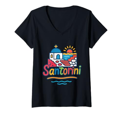 Damen Bunte Grafik von Santorin in Griechenland mit Sonnenuntergang T-Shirt mit V-Ausschnitt Damen Bunte Grafik von Santorin in Griechenland mit Sonnenuntergang T-Shirt mit V-Ausschnitt von I love Greece