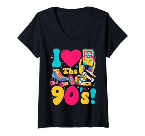 Damen Lustiges Retro-Party-Kostüm für Herren und Damen mit Aufschrift „I Love The 90s“ T-Shirt mit V-Ausschnitt von I love The 90s Funny Retro Party 90's Costume