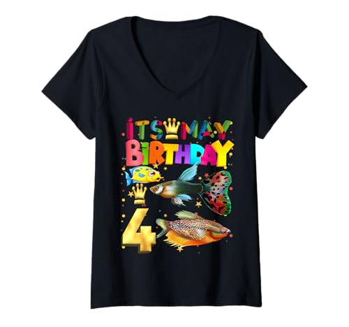 Damen Fisch Geburtstag Junge Party Tier 4. Geburtstag Fisch Aquarium T-Shirt mit V-Ausschnitt Damen Fisch Geburtstag Junge Party Tier 4. Geburtstag Fisch Aquarium T-Shirt mit V-Ausschnitt von I'm 4 Fish Birthday