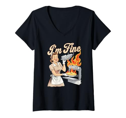 Damen I'm Fine Retro Hausfrau sarkastische Mutter Backen Humor 50er Jahre T-Shirt mit V-Ausschnitt Damen I'm Fine Retro Hausfrau sarkastische Mutter Backen Humor 50er Jahre T-Shirt mit V-Ausschnitt von I'm Fine Retro Housewife Sarcasm Kitchen Humor