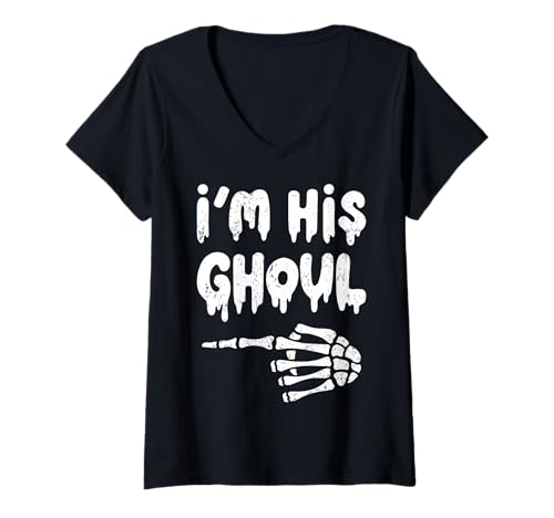 Damen Im His Ghoul Im Her Boo Lustiges Halloween Paar Skelett Hand T-Shirt mit V-Ausschnitt von I’m Her Boo His Ghoul Matching Costumes Women Men