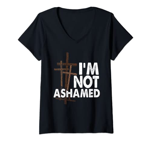 Damen I'm Not Ashamed Hemd mit Kreuz-Grafik, Used-Look T-Shirt mit V-Ausschnitt von I'm Not Ashamed of Jesus Shirts