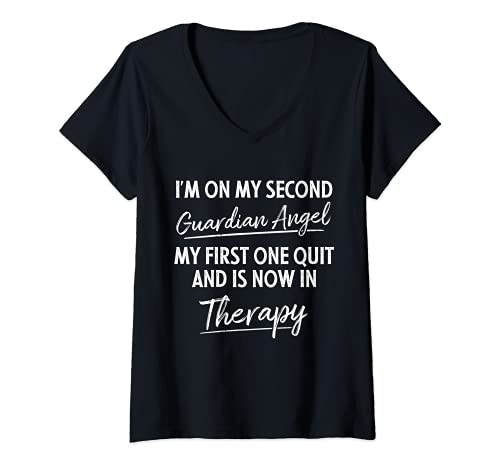 Damen I'm On My Second Guardian Angel lustiges sarkastisches Zitat T-Shirt mit V-Ausschnitt von I'm On My Second Guardian Angel Funny Novelty Co.
