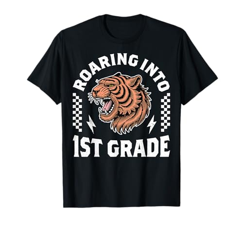 Brüllen in die 1. Klasse, brüllender Tiger, Schulanfang, Mädchen T-Shirt Brüllen in die 1. Klasse, brüllender Tiger, Schulanfang, Mädchen T-Shirt von I’m Ready for First Grade Dinosaur Funny Tiger Kid