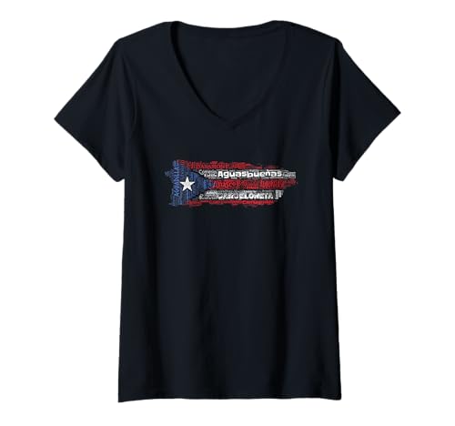 Damen Hemd mit puertoricanischer Flagge mit Städten und Gemeinden von Puerto Rico T-Shirt mit V-Ausschnitt Damen Hemd mit puertoricanischer Flagge mit Städten und Gemeinden von Puerto Rico T-Shirt mit V-Ausschnitt von I'm So Boricua