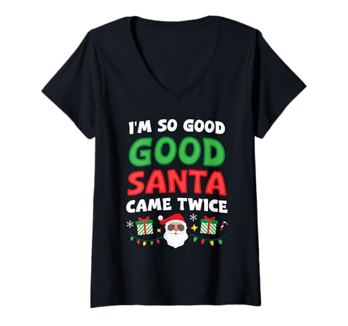 Damen Weihnachtspyjama mit Aufschrift I'm So Good Santa Came Twice Couples T-Shirt mit V-Ausschnitt Damen Weihnachtspyjama mit Aufschrift I'm So Good Santa Came Twice Couples T-Shirt mit V-Ausschnitt von I'm So Good Santa Came Twice Christmas Pajamas Tee