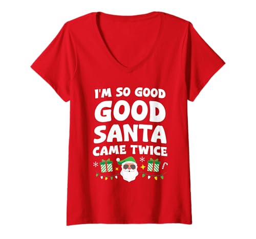 Damen Weihnachtspyjama mit Aufschrift I'm So Good Santa Came Twice T-Shirt mit V-Ausschnitt Damen Weihnachtspyjama mit Aufschrift I'm So Good Santa Came Twice T-Shirt mit V-Ausschnitt von I'm So Good Santa Came Twice Christmas Pajamas Tee