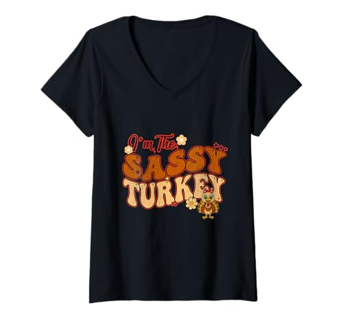 Damen Ich Bin The Sassy Turkey Groovy Family Thanksgiving Damen Kinder T-Shirt mit V-Ausschnitt Damen Ich Bin The Sassy Turkey Groovy Family Thanksgiving Damen Kinder T-Shirt mit V-Ausschnitt von I'm The Sassy Turkey Family Thanksgiving