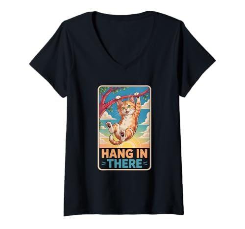 Damen Hang I n There Katze hängend an einem Baum Ast Tiere Humor T-Shirt mit V-Ausschnitt von I n There Cat Hanging On A Tree Branch