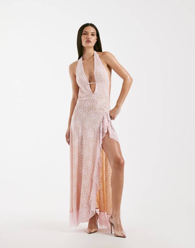 I. AM. GIA - Irisia - Rückenfreies Neckholder-Maxikleid aus rosa Spitze mit hohem Schlitz und tiefem Ausschnitt von I.AM.GIA