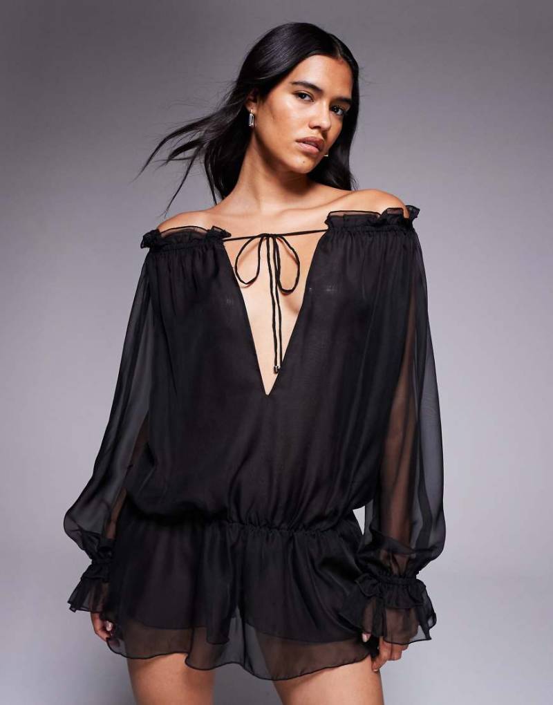 I. AM. GIA - Jazmin - Bardot-Playsuit in Schwarz aus Georgette-Chiffon mit tiefem Ausschnitt, tiefer Taille und Bindedetail von I.AM.GIA