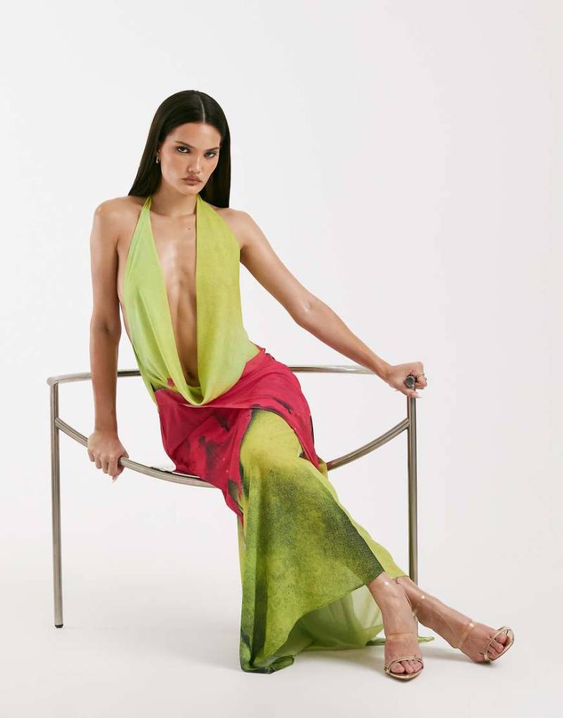 I. AM. GIA - Samantha - Neckholder-Maxikleid mit Blumenmuster in Gelb und Pink, tiefem Wasserfallausschnitt und Rückenausschnitt-Bunt von I.AM.GIA