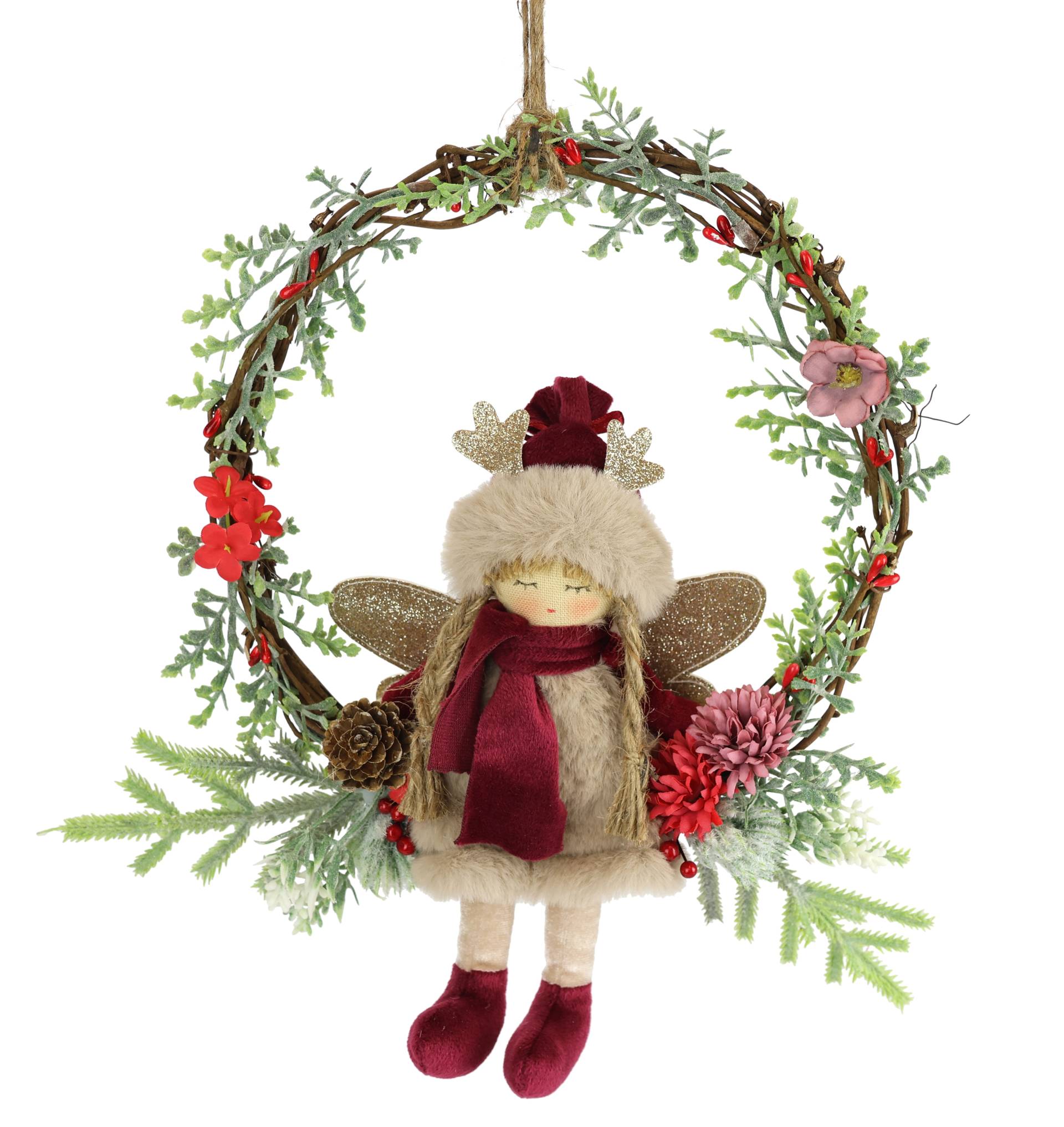 I.GE.A. Kunstkranz "Tannen-Kranz Elfe/Beeren/Tanne", Dekorierter Weihnachtskranz Deko Weihnachtsdeko Türkranz Adventskranz von I.Ge.A.