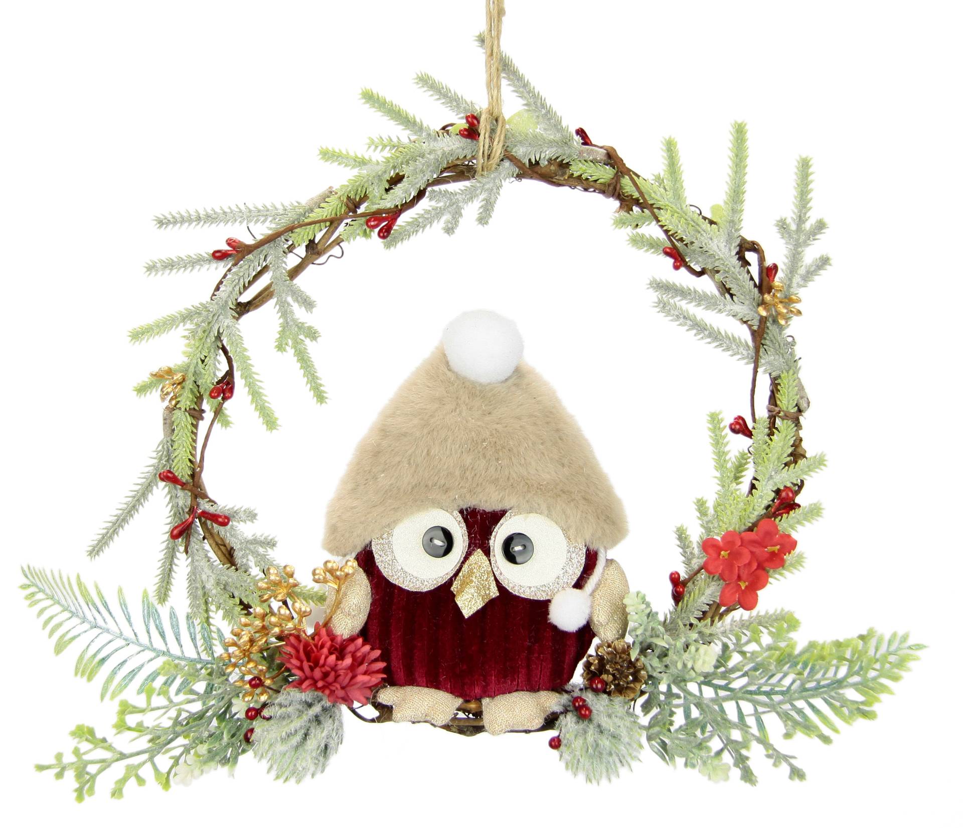 I.GE.A. Kunstkranz "Tannen-Kranz Eule/Beeren/Tanne", Dekorierter Weihnachtskranz Deko Weihnachtsdeko Türkranz Adventskranz von I.Ge.A.