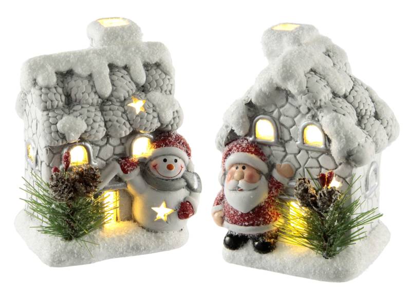 I.GE.A. LED-Dekofigur "Haus mit Schneemann Nikolaus LED-Licht", 2er Set Häuser Deko Lichthaus Weihnachten Weihnachtsdeko Adventsdeko von I.Ge.A.