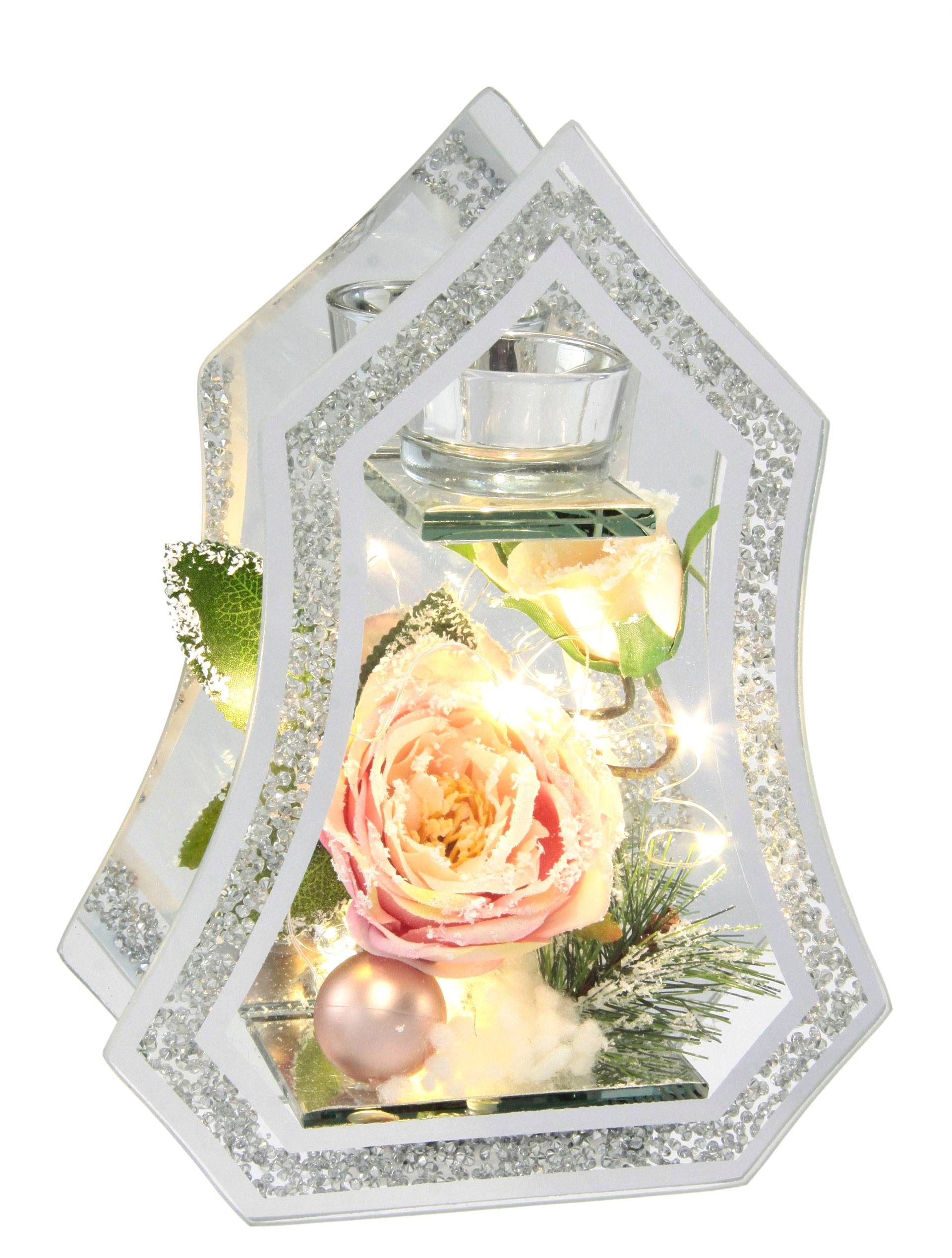 I.GE.A. Teelichthalter "Deko-Objekt mit LED Licht und Teelichtkerze" Mit Rose Tanne Kugel Kunstschnee Weihnachtsdeko Kerzenhalter Geschenk von I.Ge.A.