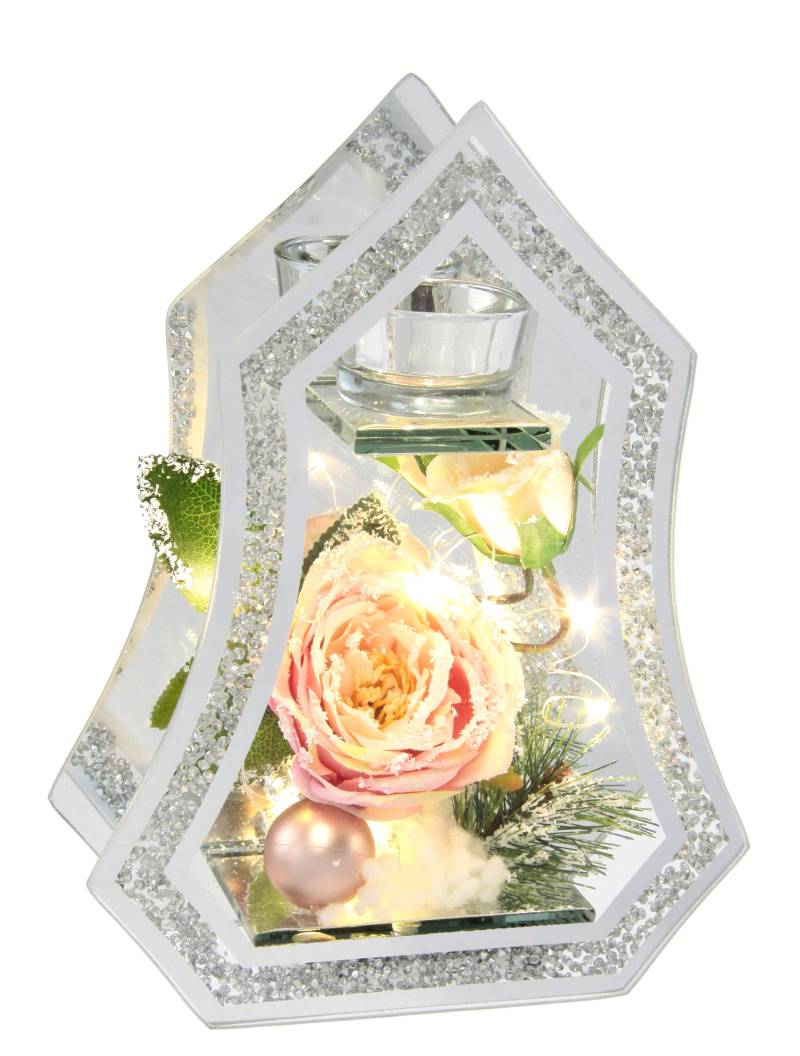 I.GE.A. Teelichthalter "Deko-Objekt mit LED Licht und Teelichtkerze" Mit Rose Tanne Kugel Kunstschnee Weihnachtsdeko Kerzenhalter Geschenk von I.Ge.A.