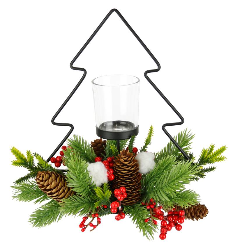 I.GE.A. Teelichthalter "Dekofigur Metall-Tannenbaum mit Glaseinsatz", (1 St.), Tannenzweige Zapfen Kerzenhalter Dekolicht Weihnachtsdeko Windlicht von I.Ge.A.