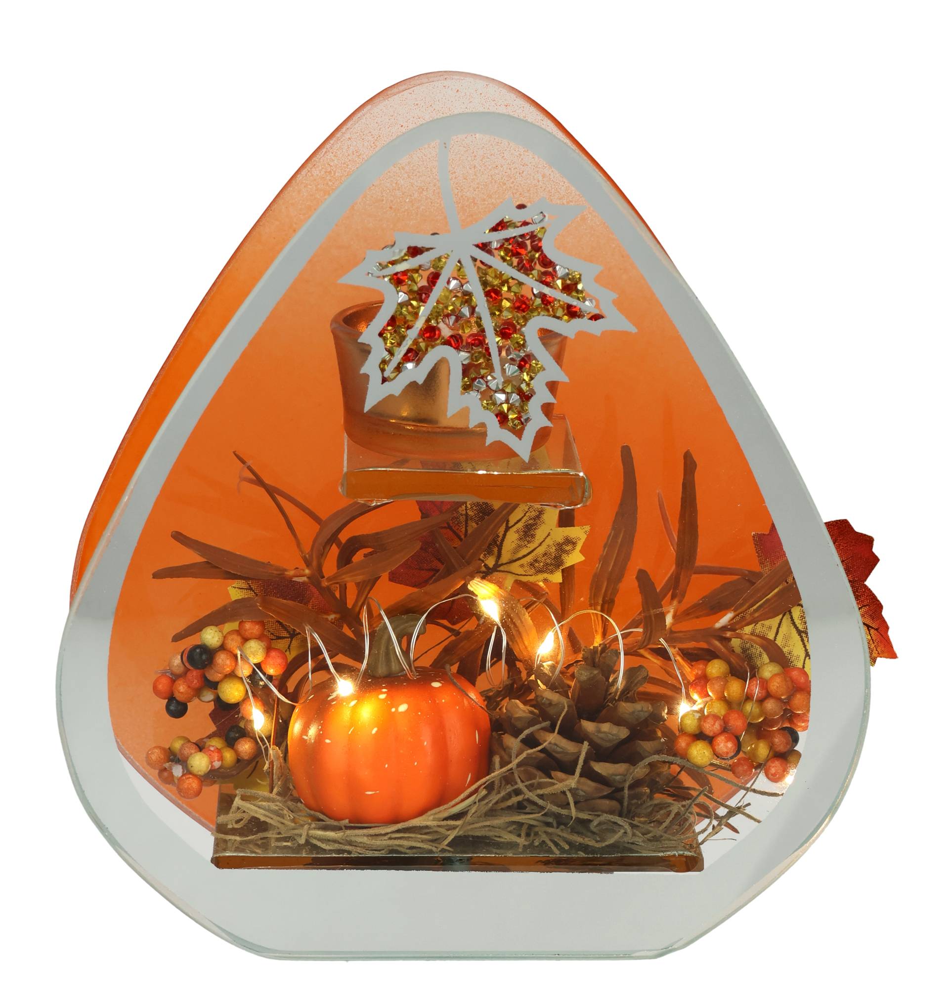 I.GE.A. Teelichthalter "Teelichthalter aus Glas mit Teelichtkerze", (1 St.), Herbstlich dekoriert Herbstlaub Beeren Kürbis Zapfen Kerze Windlicht von I.Ge.A.