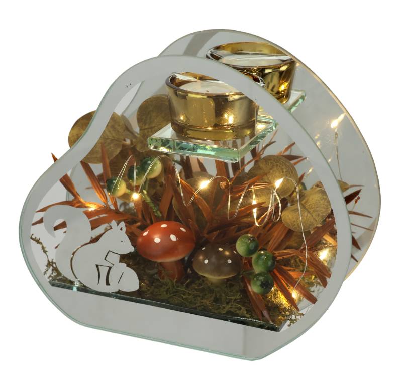 I.GE.A. Teelichthalter "Teelichthalter aus Glas mit Teelichtkerze", (1 St.), Herbstlich dekoriert mit Pilze Eichhörnchen Herbstlaub Kerze Windlicht von I.Ge.A.