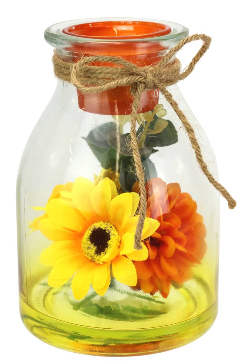 I.GE.A. Teelichthalter "Teelichthalter aus Glas mit Teelichtkerze", (1 St.), Herbstlich dekoriert mit Sonnenblume Dahlie Eukalyptus Kerze Windlicht von I.Ge.A.