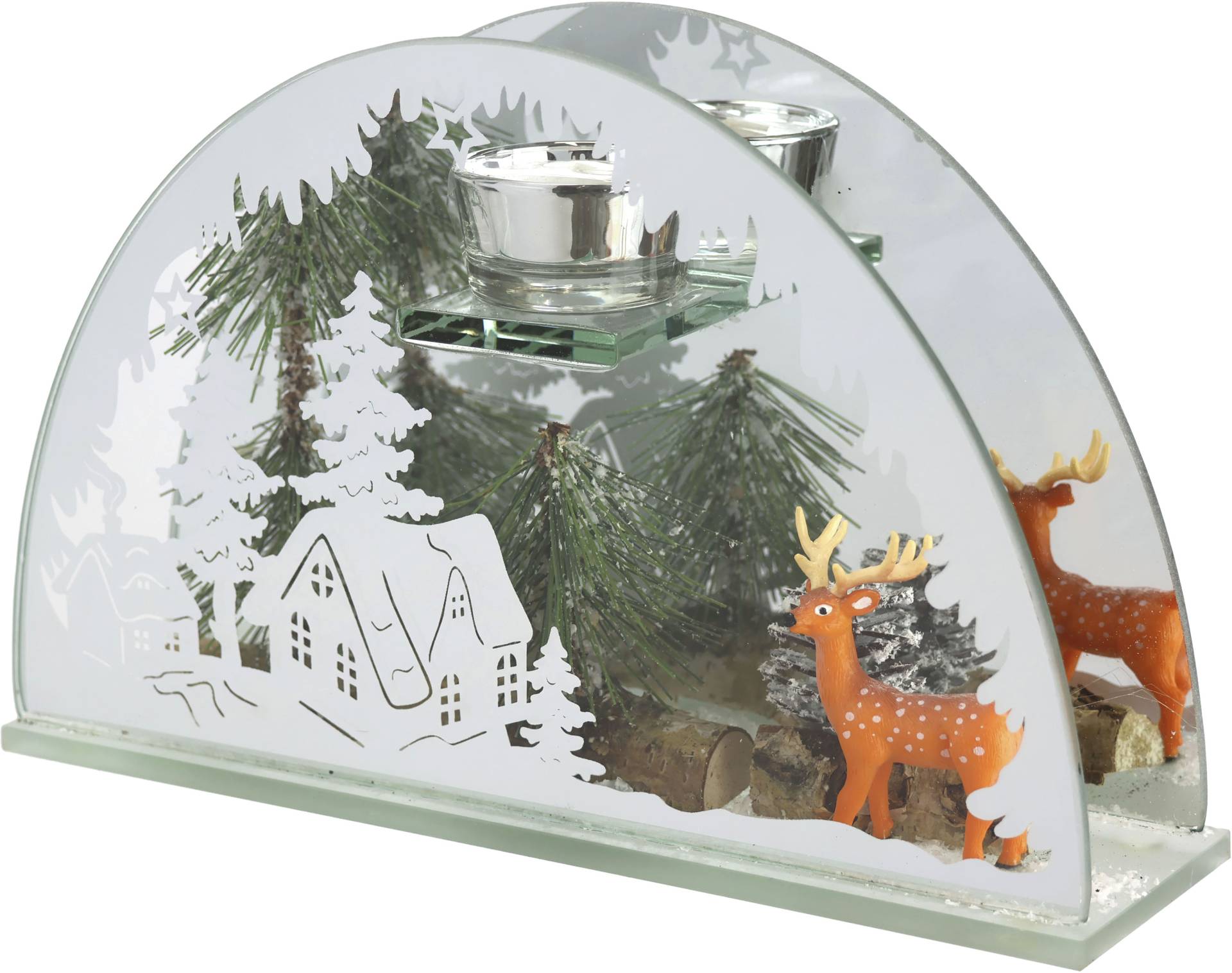 I.GE.A. Teelichthalter "Weihnachtsdeko, Kerzenhalter, Deko-Objekt", (1 St.), aus Spiegelglas, mit Hirsch-Deko in Winterlandschaft, Höhe ca. 15 cm von I.Ge.A.