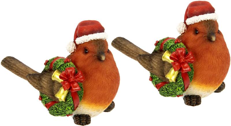 I.GE.A. Weihnachtsfigur "Weihnachtsvogel mit Kranz und Mütze, 2er Set, Höhe ca. 10 cm", Dekofigur aus Polyresin, Weihnachtsdeko, Tierfigur von I.Ge.A.