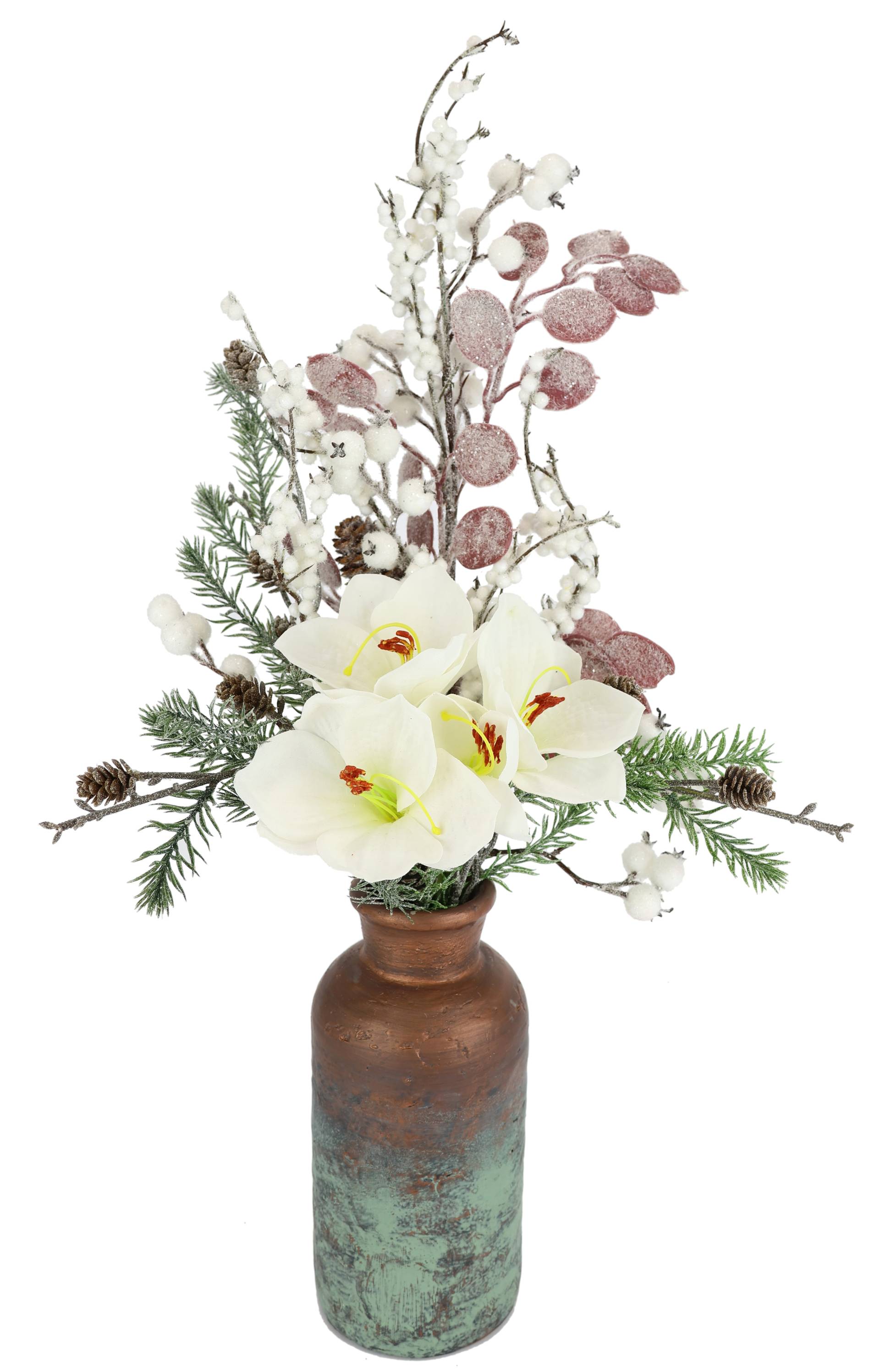 I.GE.A. Winterliche Kunstpflanze "Gesteck mit Amaryllis in Vase aus Keramik, Kunstblumen-Arrangement," Weihnachtsdeko mit Blüten, Zweigen mit Zapfen, Beeren und Eukalyptus von I.Ge.A.