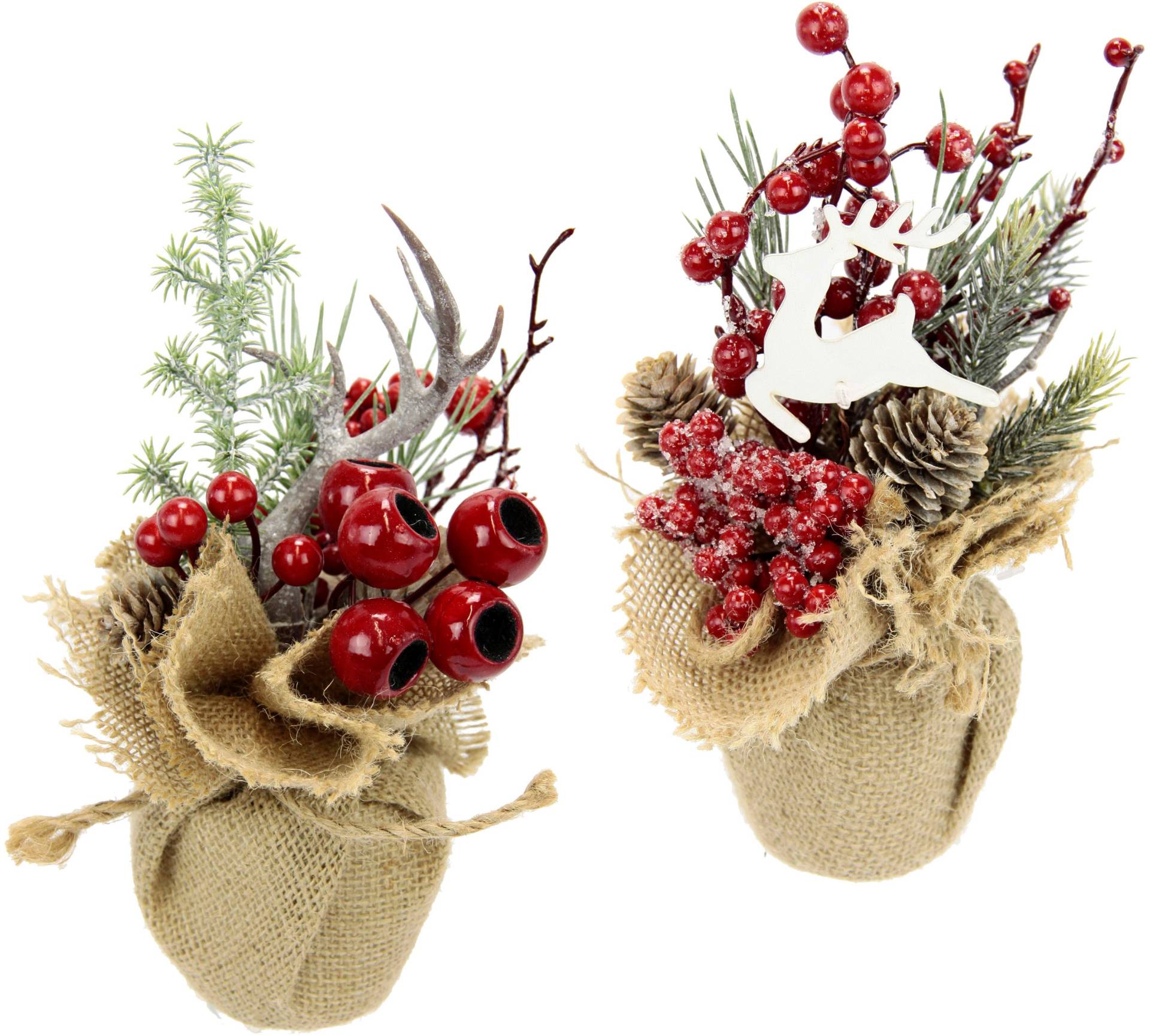 I.GE.A. Winterliche Kunstpflanze "Weihnachtsgesteck in Jute, Weihnachtsdeko im 2er Set,", Kunstblumen-Arrangement 1x mit Horn und 1x mit Hirsch von I.Ge.A.
