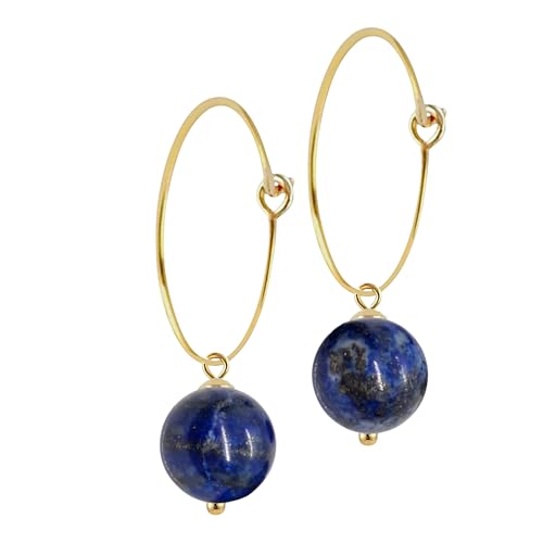 I.L.U.S Creolen Ohrringe Damen 925 Silber vergoldet – 18K Goldplattiert mit echtem Lapislazuli Anhänger 8mm –Handgefertigter Schmuck aus blauem Naturstein für Mädchen, Frauen von I.L.U.S