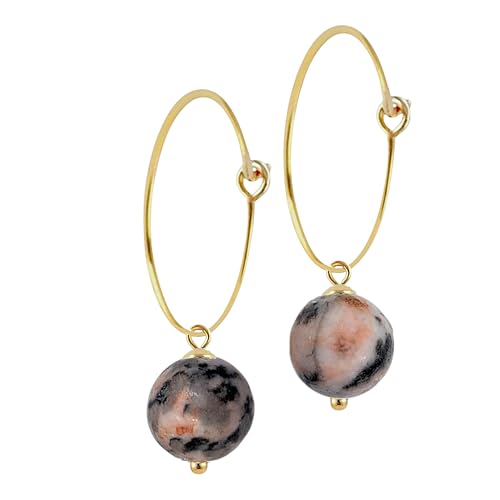 I.L.U.S Creolen Vergoldet mit Edelsteinen-Zebra Jaspis Kugel-Anhänger Rosa Schwarz-Ohrringe Hoops mit Steinen-Modischer Schmuck Geschenk für Teenager & Frauen von I.L.U.S