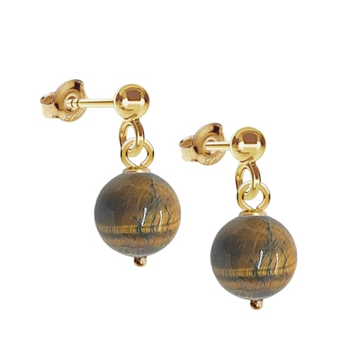 I.L.U.S Damen Braun Edelstein Ohrringe Tigerauge Silber 925 Vergoldet Stecker Ohrring mit Natur Kristall Anhänger Tigerauge Ohrschmuck Gold Ohrhänger Natur Stein Ohrhänger Geschenke Frauen von I.L.U.S