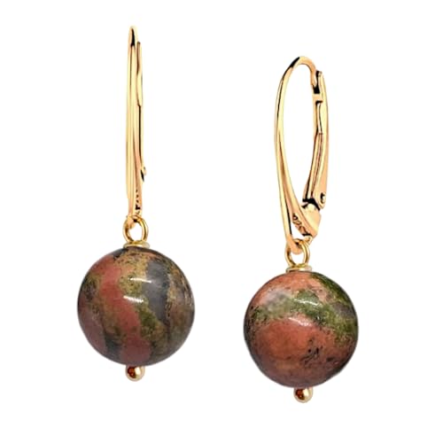 I.L.U.S Grün-Rosa Unakit Edelstein Ohrringe Gold Hängend Handgefertigter Naturstein Ohrschmuck 18K Vergoldetem Silber Ohrhänger Unakite Stein Schmuck Gold Geschenk Frauen von I.L.U.S