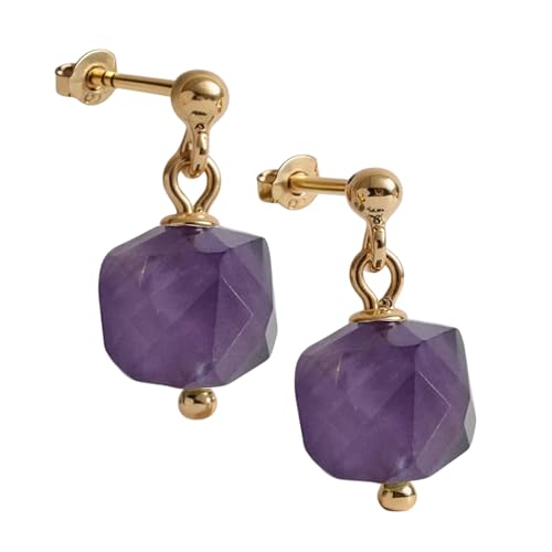 I.L.U.S Lila Amethyst Edelstein Ohrstecker mit Anhänger Kristall Ohrringe Ametyst Ohrschmuck Lila Ohrstecker mit Amethyst Würfel-Ohrhänger Violett Gold von I.L.U.S