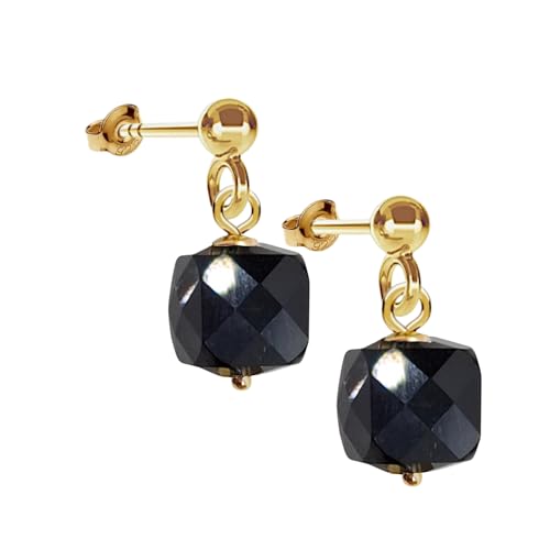 I.L.U.S Ohrstecker mit Schwarz Stein Obsidian Schwarz Edelstein Ohrringe Gold Schwarz Kristall Ohrringe Stecker Vergoldet Damen von I.L.U.S
