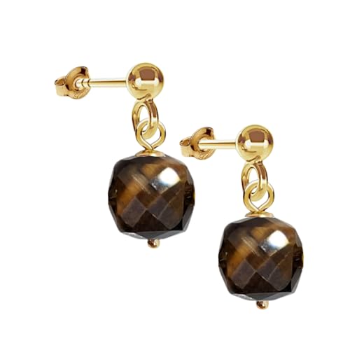 I.L.U.S Schmuck Tigerauge Ohrstecker Silber 925 Vergoldet-Tiger Eye Ohrringe Hängend-Tiger Stein Anhänger Braun-Ohrschmuck mit Kristallen-18K Gelbgold von I.L.U.S