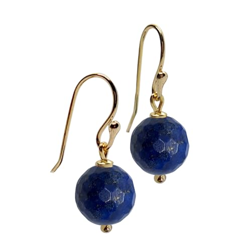 I.L.U.S Vergoldete Blaue Edelstein Lapis Lazuli Ohrringe Silber 925 mit Natur Stein Kristall Anhänger 10mm Kugel Lapis Halbedelstein Ohrringe Gold Damen Schmuck mit Edelstein von I.L.U.S
