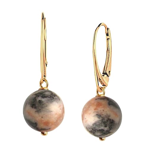 I.L.U.S 18K Vergoldete 925 Silber Ohrhänger mit Zebra-Jaspis Kristall – Handgefertigte runde 12mm Edelstein Ohrringe mit Stein Rosa für Damen, Geschenk für Frauen- Halbedelstein Hängend von I.L.U.S