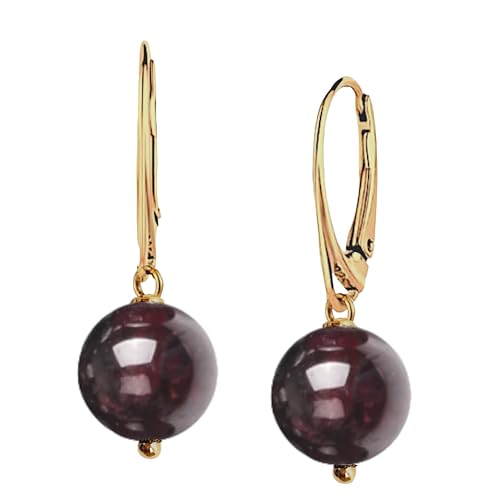 I.L.U.S 18K Vergoldete 925 Silber Ohrhänger mit rotem Granat-Kristall (12mm Kugel) – Elegante hängende Edelstein-Ohrringe für Damen, Vintage-Rotstein Ohrschmuck - Goldene Hängeohrringe Rote Stein von I.L.U.S