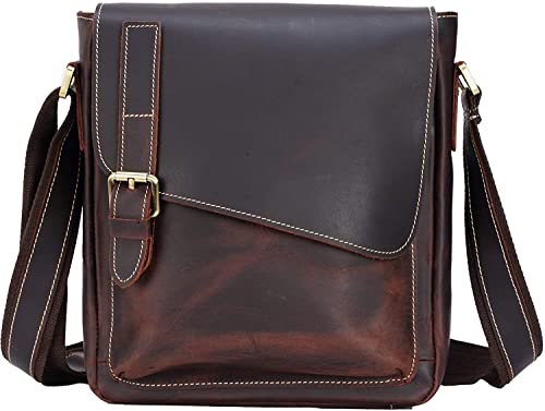 Herren Echtleder Messenger Bag Retro Kleine Crossbody Umhängetasche für Männer Flap Over Man Geldbörse Passt 10 Zoll Tablet, braun, von I0I&I0I