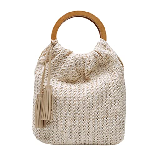 IAMUHI Handgewebte Stroh-Tragetasche, Handtasche, gehäkelte Quaste, Strand, Bohemian, Abendtasche, Clutch, mit Holzgriff, A-beige, Einheitsgröße von IAMUHI