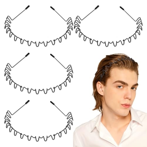 IANFAN 4 Stück Metall Haarband, Schwarz Welle Haarreifen Unisex Metall Stirnband Rutschfestes Elastisches Haarband Haarbänder für Outdoor Sports Yoga von IANFAN