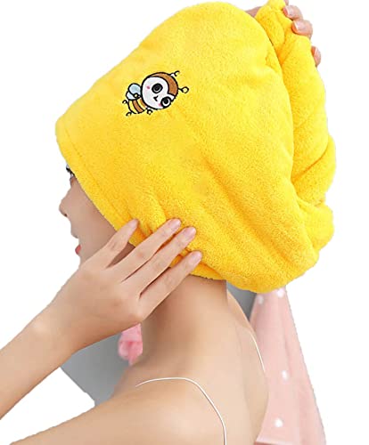 Badetuch Hair Dry Hat Cap für Frauen Mädchen, Turban Drying Hair Caps mit Knöpfen Hair Towel Wrap, Shower Cap Cartoon Hair Dry Cap für langes Haar (gelbe Biene) von IBAIOU