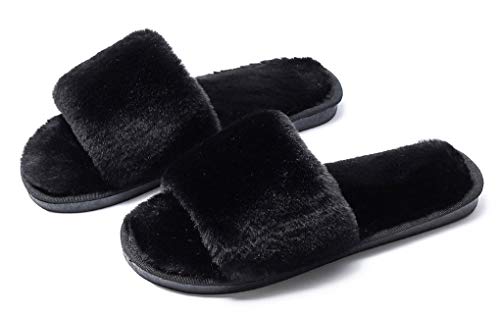 Frauen Cosy Furry Flat Slides Hausschuhe,Weiche Verdickung Kunstpelz Slip on Plüsch Open Toe Hausschuhe,rutschfeste Flauschige Hausschuhe Schlafzimmerschuhe,38-39,Black von IBAIOU