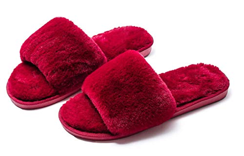 IBAIOU Frauen Cosy Furry Flat Slides Hausschuhe,Weiche Verdickung Kunstpelz Slip on Plüsch Open Toe Hausschuhe,Rutschfeste flauschige Hausschuhe Schlafzimmerschuhe,38-39,winered von IBAIOU