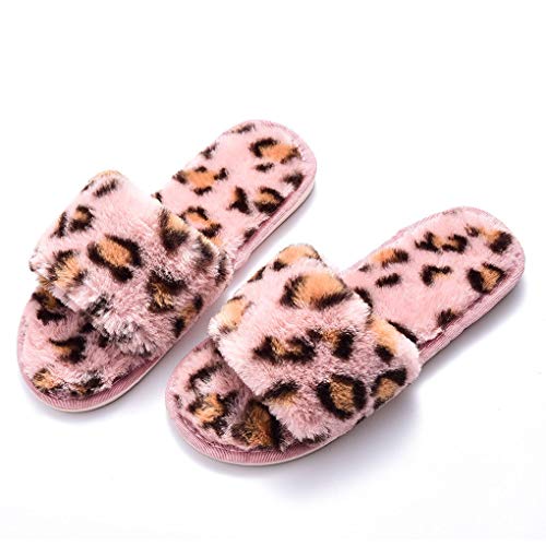 Frauen Cosy Furry Flat Slides Hausschuhe,Weiche Verdickung Kunstpelz Slip on Plüsch Open Toe Hausschuhe,rutschfeste Flauschige Hausschuhe Schlafzimmerschuhe,40-41,pink Leopard von IBAIOU