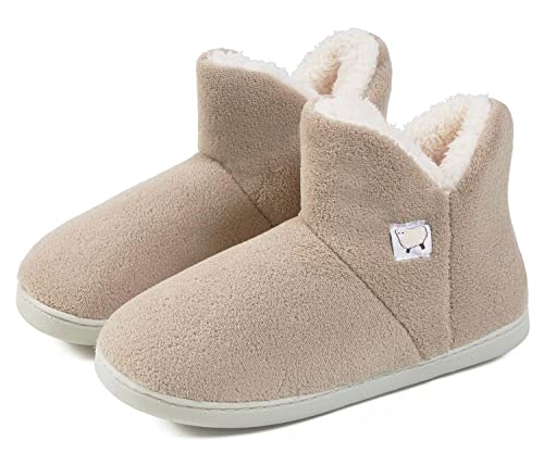 Home Pelzige Bootie Hausschuhe Frauen Männer Winter Warme Stiefel Plüsch Fleece Schuhe für Indoor Outdoor,35-36,beige von IBAIOU