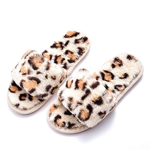 IBAIOU Frauen Cosy Furry Flat Slides Hausschuhe,Weiche Verdickung Kunstpelz Slip on Plüsch Open Toe Hausschuhe,Rutschfeste flauschige Hausschuhe Schlafzimmerschuhe,38-39,beige Leopard von IBAIOU