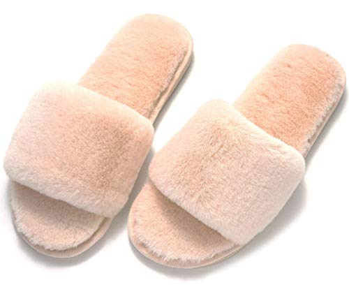 IBAIOU Frauen Cosy Furry Flat Slides Hausschuhe,Weiche Verdickung Kunstpelz Slip on Plüsch Open Toe Hausschuhe,Rutschfeste flauschige Hausschuhe Schlafzimmerschuhe,38-39,beige von IBAIOU