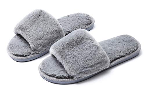 Frauen Cosy Furry Flat Slides Hausschuhe,Weiche Verdickung Kunstpelz Slip on Plüsch Open Toe Hausschuhe,rutschfeste Flauschige Hausschuhe Schlafzimmerschuhe,38-39,Gray von IBAIOU